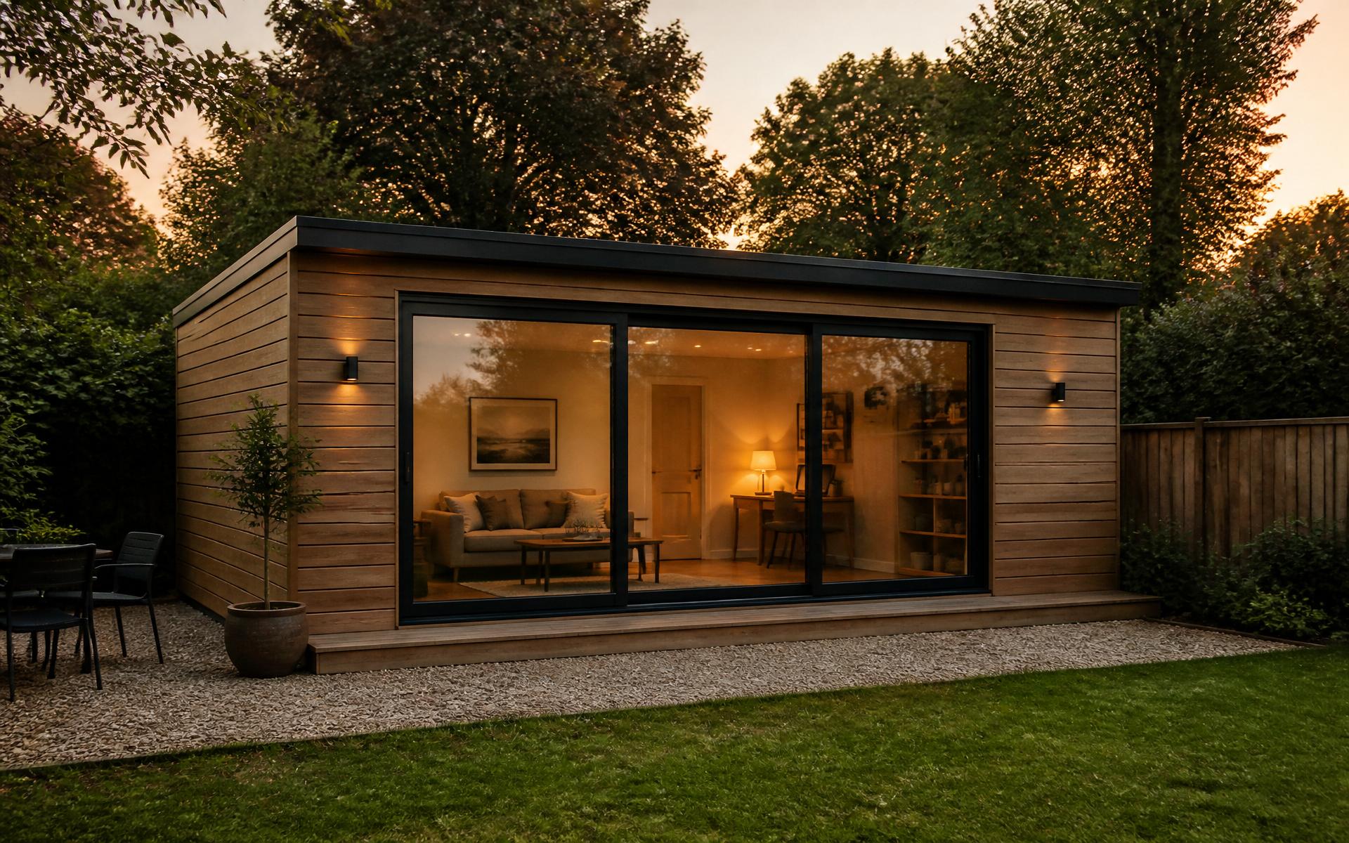 A finished garden room at dusk